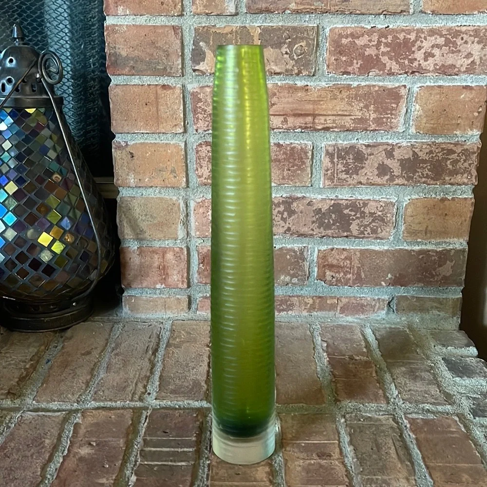 Art Glass Green Ribbed Tall Skinny Vase